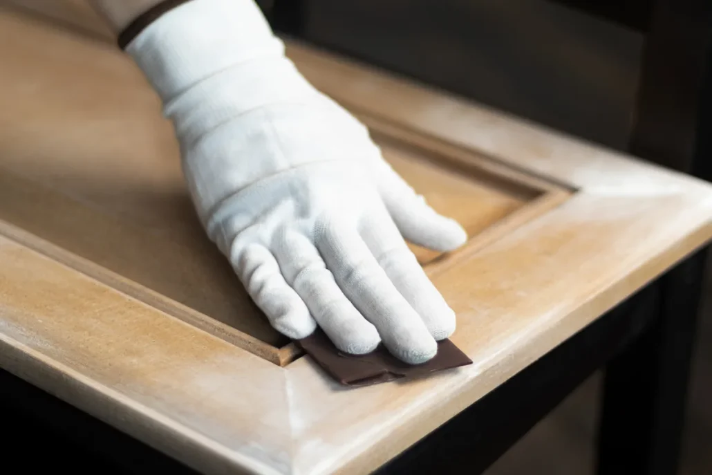 نمایش درب کابینت که رنگ آن توسط سنباده زدن پاک شده است